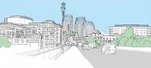 Stadium towers from Kew Bridge